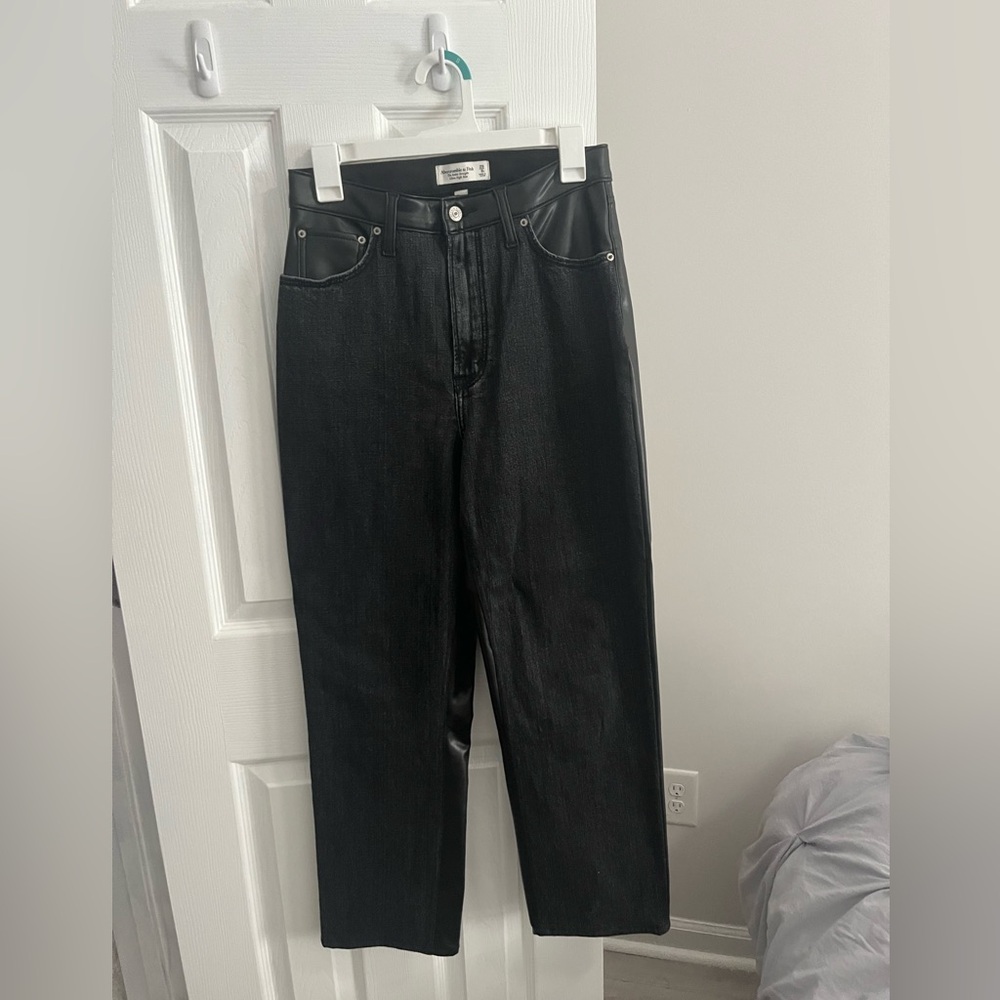 Abercrombie & Fitch Ultra High Rise Straight Ankle Denim and Leather Pants
